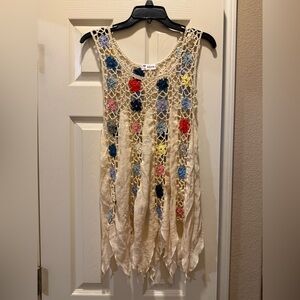 ASHA Cream Crocheted Floral Beach Cover-Up XS/S